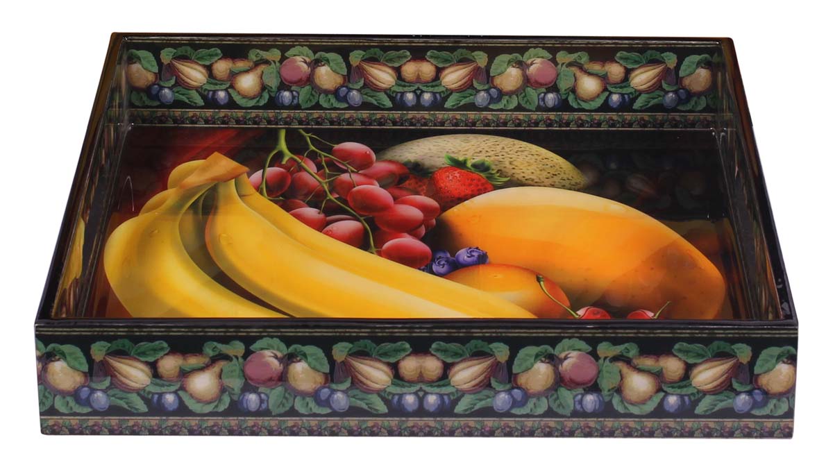 Buy in Bulk Wholesale 10” Hand-Crafted Serving Tray in MDF - Multicolored - Decorative Tray with Fruits Pattern - Classic Serve-Ware/Decor from India